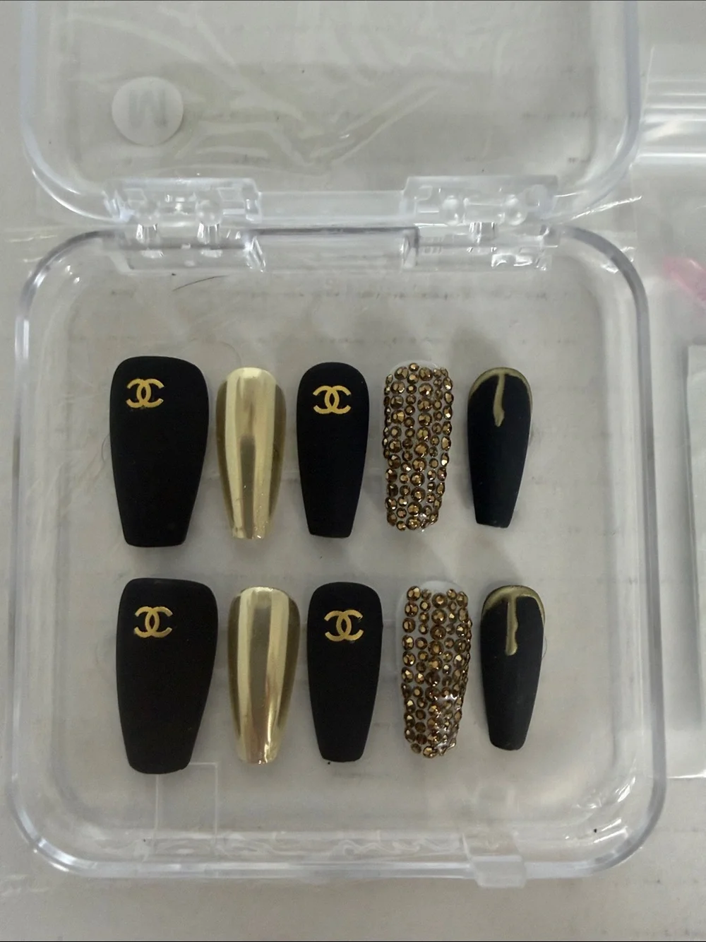 Custom Homemade CHANEL Black & Gold Press-On Nail Set NIB